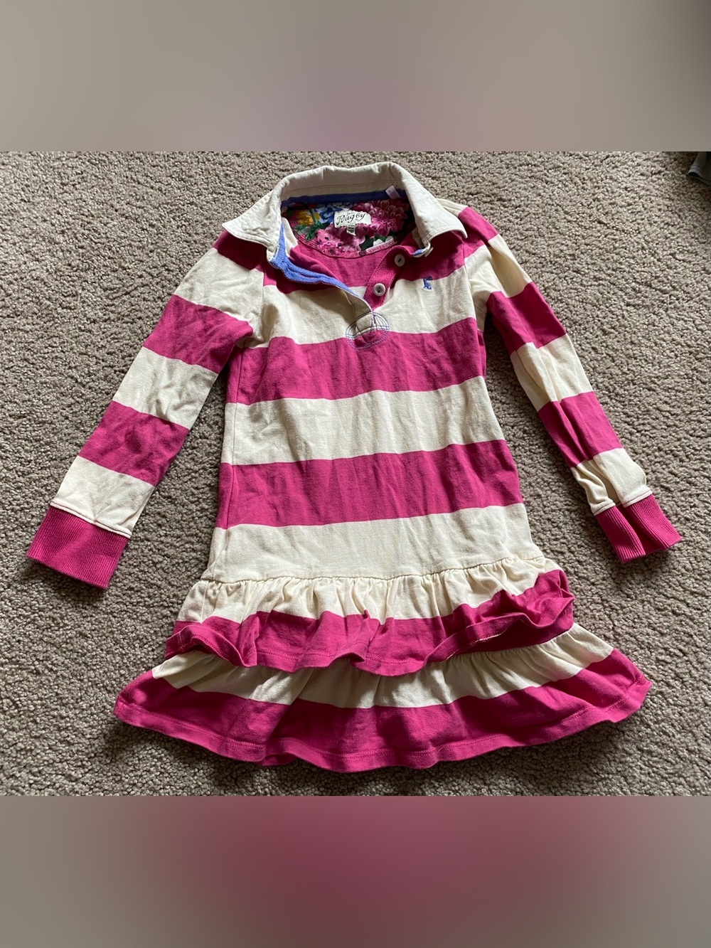 Joules Rugby Pink & Cream Striped Ruffle Hem Long-Sleeve Polo Dress Girls 7 7y